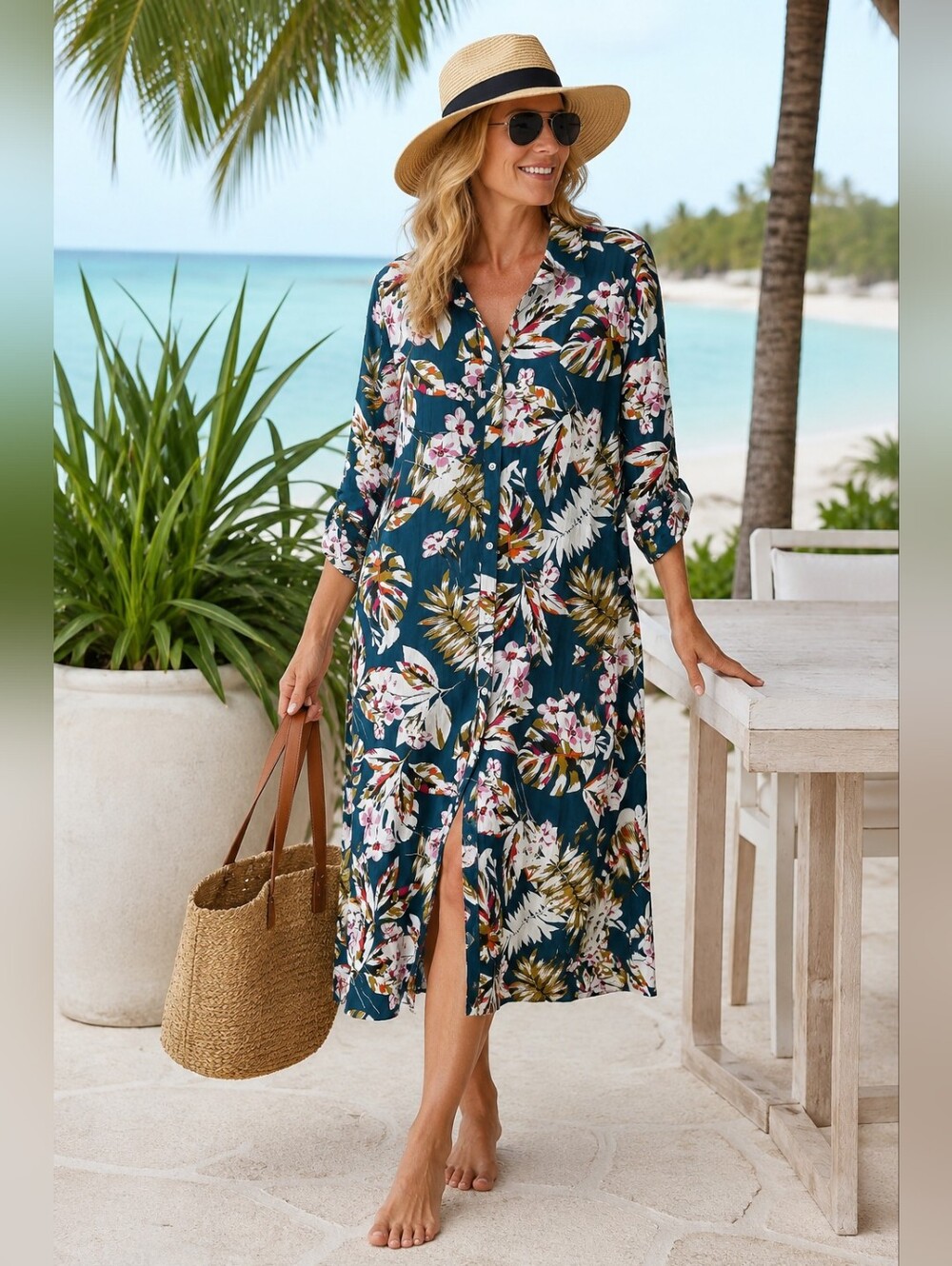 Denim & Co BEACH Blue Floral COTTON Collared Shirt Dress Resort Women's Size XL